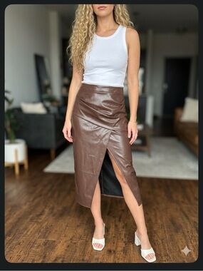 Commense Chocolate Brown Faux Leather Pencil Skirt with Front Slit